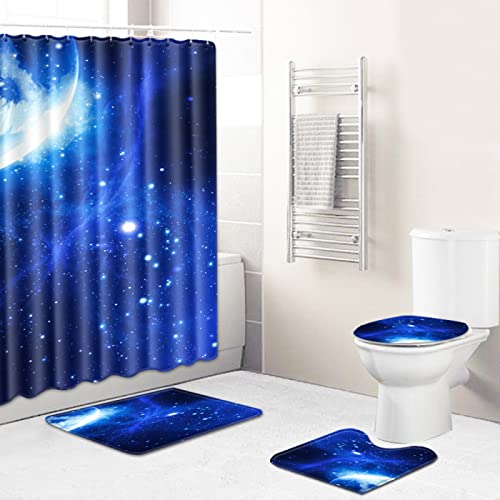 Duschvorhang Königsblauer Sternenhimmel Badematte 4-Teiliges Set, 1 Duschvorhang 180x180 Polyester+1 Badvorleger…