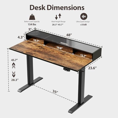 Image of Agilestic 48 x 24 Inches Electric Standing Desk with Storage, Adjustable Height Sit and Stand Computer Table with Glass Shelf, Splice Board, Rustic Brown