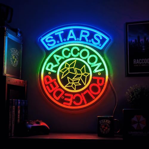 Image of S.T.A.R.S. Raccoon Police LED Neon Sign 38x32cm | Tactical Team Style Wall Decor, USB Powered, Game Room Aesthetic Light, Custom Acrylic Night Light