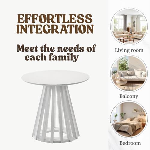 Image of HNY Round Fluted End Table, 19.7 inch Modern White Side Table, Mid Century Wood Circle Bedside Tables Drink Table Nightstand for Bedroom, Living Room, Small Space