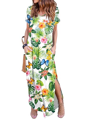 HUSKARY Women's Summer Hawaiian Dresses Luau Party Maxi Dress Beach Vacation Casual Short Sleeve Split Dresses