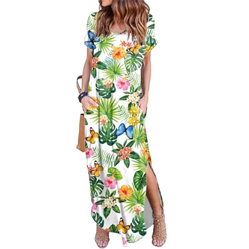 HUSKARY Women's Summer Maxi Dress Casual Loose Pockets Long Dress Short Sleeve Split Maxi Dresses Small Leaves05