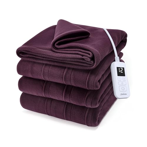 Sunbeam Royal Ultra Fleece Heated Electric Blanket Twin Size 84 x 62 12 Heat Settings 12-Hour Selectable Auto Shut-Off Fast Heating Machine Washable Warm and Cozy Claret