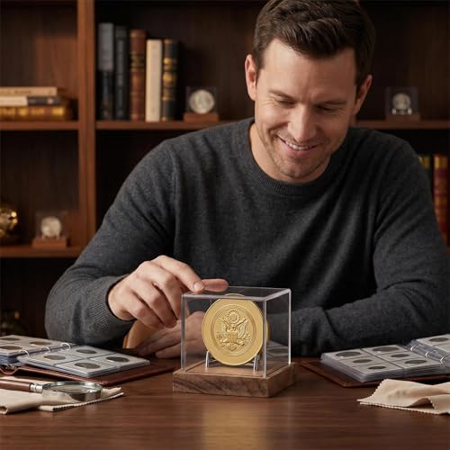 Image of Hooqict Coin Display Case Clear Acrylic Military Challenge Coin Case Display Box UV Protected with Wood Base & Alloy Holder Single Stand for Collectors Medal Poker Chip Collectibles