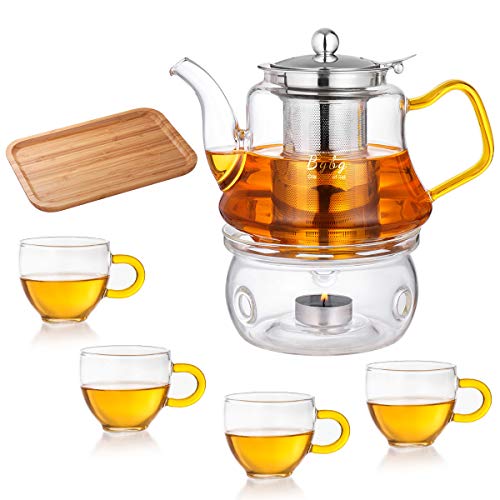 Glass Teapot Set - Stovetop Microwave Safe Glass Tea Kettle 27OZ800ml with 4 Glass Teacups Removable Stainless Steel Tea Infuser Tea Warmer Tea Tray ,Blooming Tea Loose Leaf Tea Maker