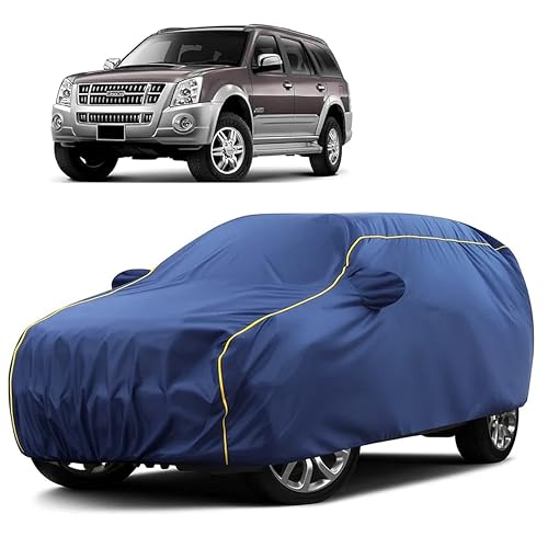Image of Sulfar 100% Water Resistant Car Body Cover Compatible with Mirror for Isuzu MU7 (Triple Stitched, Full Bottom Elastic, Blue Taffeta with Yellow Piping)