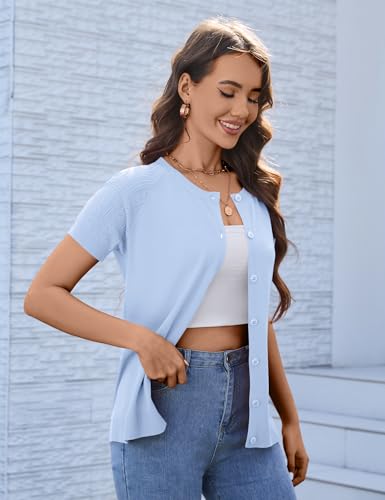 Image of FreshNight Women's 2025 Short Sleeve Cardigan Button Up Hollowed Out Crewneck Shrug Sweaters Knit Sweater Tops Lightweight