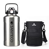 SANTECO 真空断熱 水筒 大容量 保冷 保温 1900ML ステンレスボトル ストロー付き 直飲み スポーツドリンク対応 広口 カバー付き シルバー