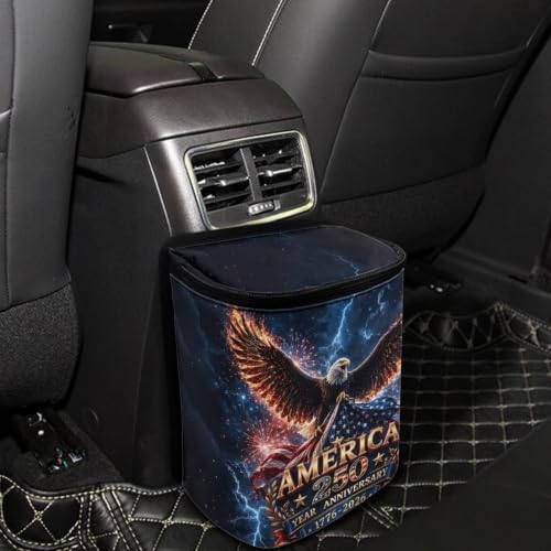 Image of American 250th Car Hanging Trash Can Eagle Patriotic Garbage Can with Adjustable Straps Universal Car Accessories Interior for SUV Trucks