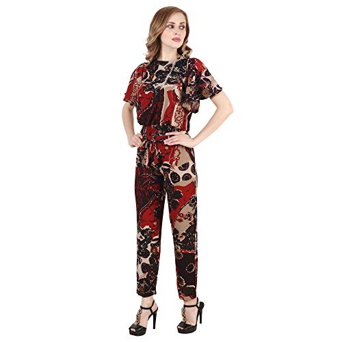 Image of POPWINGS Casual Coffee Brown Georgette Printed Top and Trouser Set for Women || Stylish Western Co-Ords Set for Women Summer Wear || Batwing Sleeves Round-Neck Regular Top Trouser Set for Women