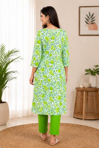 Image of Women's Cotton Floral Printed V-Neck A-Line Kurta /Regular Fit Kurti-3 /4 Sleeve