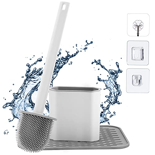 YISUYA Silikon WC-Bürste mit Halter, Wand-WC-Bürstengarnitur mit Abfluss-Pad & Extra Haken & Rutschfester Griff, Badezimmer WC Bürste für Tiefenreinigung & Schnelltrocknend, WC Reinigungsbürste