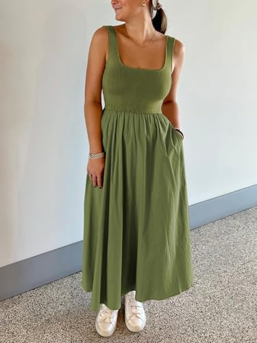Image of Mieazom Women's Maxi Dress Summer Sleeveless Swing Sundress Casual Loose Tank Long Dresses with Pockets Army Green S