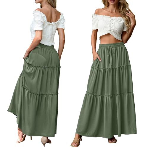 Image of Lepunuo Womens Casual Boho High Waisted Flowy Maxi Skirts Tiered Floral Long Skirts with Pockets for Summer Beach Vacation