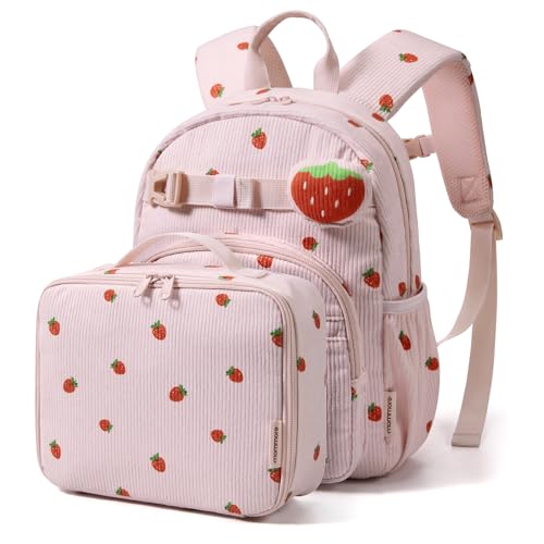 mommore Corduroy Toddler Backpack for Girls 2-4 Kids Backpack with Lunch Box 13 H Preschool Kindergarten Backpacks for Girls - Strawberry