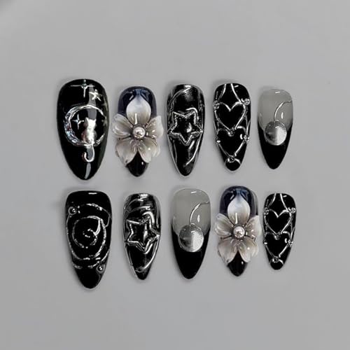 Black Chrome Press on Nails - Medium Almond Gothic Fake