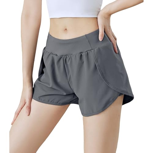 PANBJ Short de Course pour Femmes Short D'entraînement pour La Maison Short de Jogging À Taille Haute Élastique avec Poches(Grau,XXL)