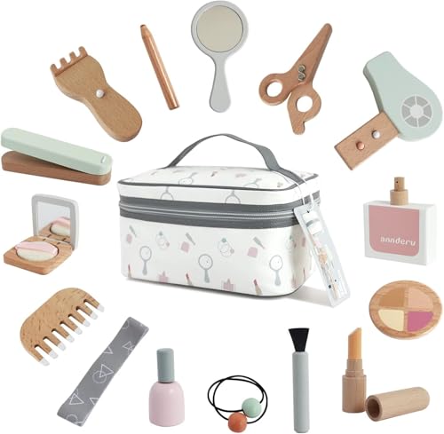Maletín de maquillaje de 16 piezas para niñas y niñas, juego de maquillaje y peluquería de madera, juego de maquillaje de madera para juegos de rol infantiles, regalos a partir de 3, 4, 5 años