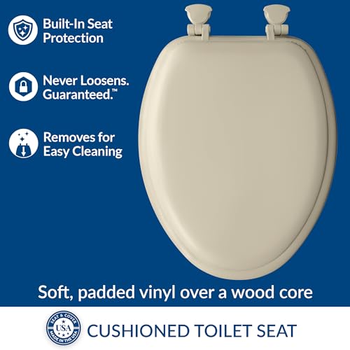 Image of Mayfair Padded Toilet Seat, Cushioned Soft Vinyl over Wood Core Seat, Secure Hinges, Easy Clean, Made in USA, Elongated, Bone