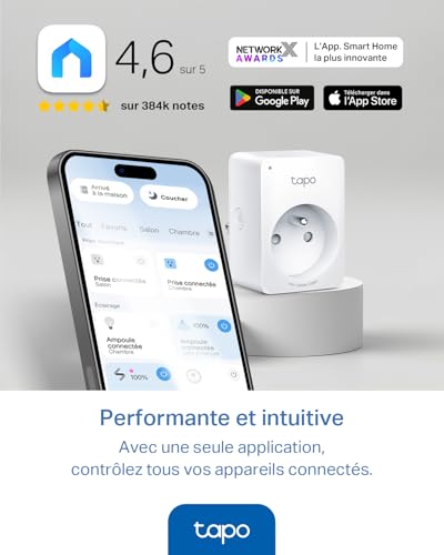 Tapo Prise Connectée WiFi, Prise Intelligente Compatible avec Alexa et Google Home, 10A Type E, Contrôler Le radiateur, la cafetière, la Lampe à Distance, Aucun hub requis, Tapo P100(FR) 1 Pack