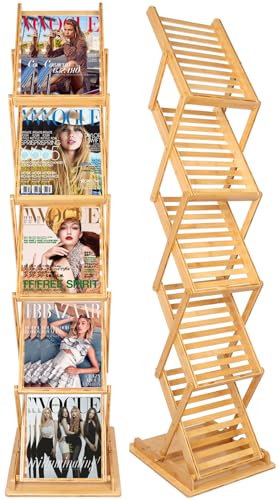 DuvinDD Foldable Bamboo Magazine Rack Floor, Portable Pop-up Display Stand, Magazine Rack 5 Pockets, A4 Size, for Trade Shows, Office, Retail Store, Craft Shows, 57 inch Tall
