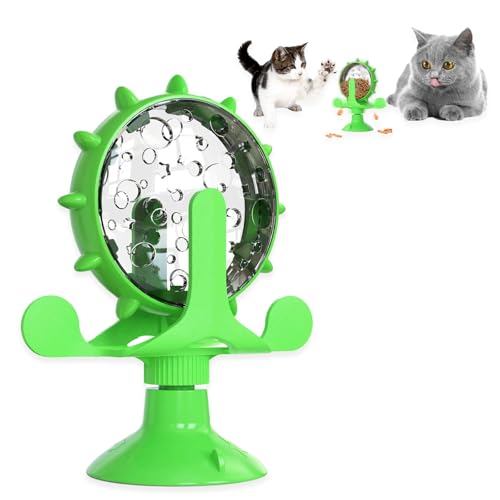 Bornoon ペット知育玩具 3WAY 猫じゃらし&犬用噛むおもちゃ 吸盤付き 回転する風車デザイン 早食い対策/ストレス解消 耐久性 BPAフリー おやつボール ペット給餌器(猫用/犬用) (グリーン)
