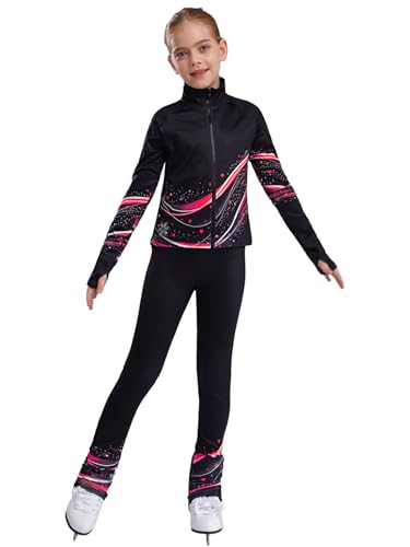 ranrann Ensemble Patinage Artistique Fille Veste Chaud Polaire avec Pantalon Collant Legging Tenue Patinage sur Glace Sport A Rouge 5-6 ans