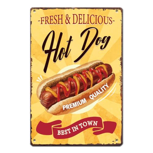 SUPERDANT Hot Dog Vintage Metallschild Fast Food Poster Küche Retro Metallschilder Vintage Metallschild Retro Metallposter Lustige Vintage Deko Für Restaurant Wohnzimmer Retro Dekor