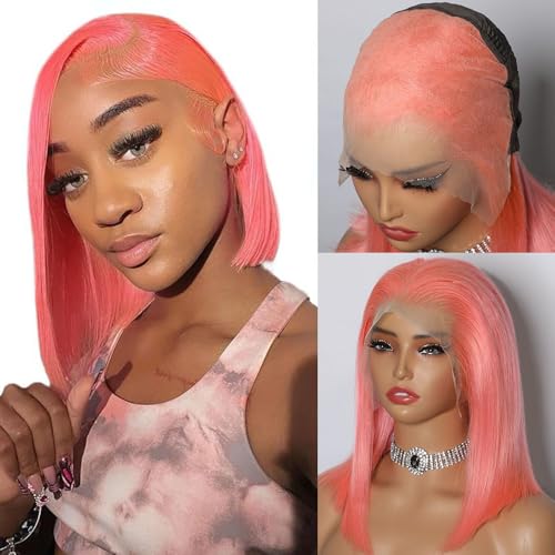CYSDRH Pink Bob Wig Human Hair Full 13x6 Frontal HD