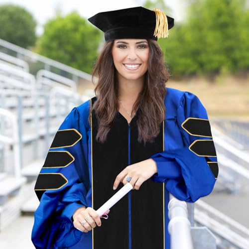 Image of Unisex Deluxe Doctoral Graduation Gown with 8 Sides Doctorate Tam | Gold Piping Doctoral Regalia for Graduation Ceremony Sapphire Blue-48