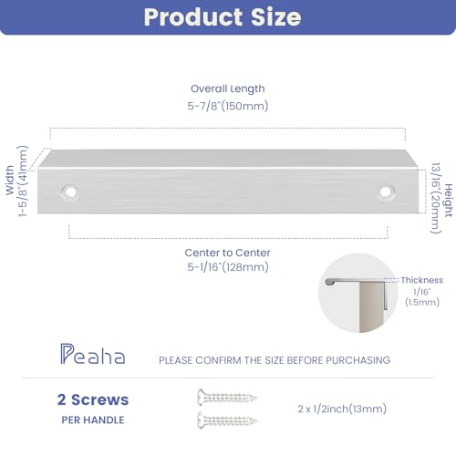 Image of Peaha 10 Pack Kitchen Cabinet Handles 5-1 /16 inch Brushed Nickel Cabinet Pulls | Edge Finger Pulls for Cabinets Silver Drawer Pulls Modern Hidden Aluminum Alloy Dresser Drawer Handles Closet Bedroom