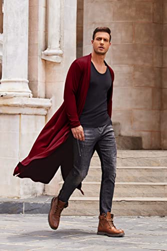 Coofandy Men's Lightweight Ruffle Shawl Collar Cardigan Open Front Long Length Drape Cape Overcoat Wine Red #TOP2