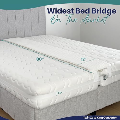 Image of 12 inch Extra Wide Bed Bridge Twin XL to King Converter Kit - Split King Gap Filler for Adjustable Bed - Mattress Connector & Gap Filler for Bed - Heavy Duty Metal Buckle Strap - 25D Memory Foam