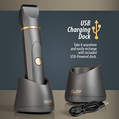 Image of OLOV Electric Body Hair Trimmer - Groin Trimmer for Men - Bikini Trimmer Women - Wet /Dry Shaver Groomer, Replaceable Ceramic Blade Heads, USB Recharge Dock, Waterproof Hygiene Razor, Grey