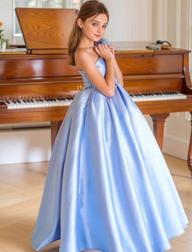 One Shoulder Flower Girl Dresses for Wedding Satin First Communion Dress Princess Pageant Ball Gown with Bow3