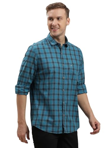 Image of Turtle Men 100% Cotton Slim Fit Checkered Blue Casual Shirt