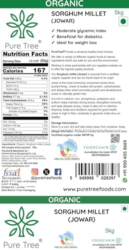 Image of Pure Tree Certified Organic Jowar Millet | 5 Kg / 5000 g | Sorghum Jawari Whole Grain | Unpolished Jonnalu | Gluten-Free-Millet