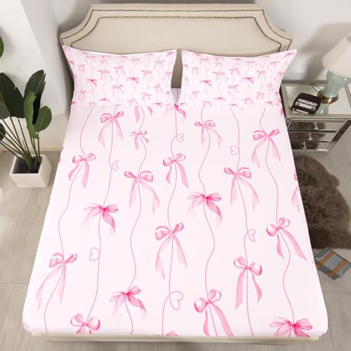 jejeloiu Pink Bow Fitted Sheet for Girls Boys Kids Twin Size Cute Bow-tie Bedding Room Decor Bowknot Girly Dreamy Princess Heart Love Bed Sheets Set 16