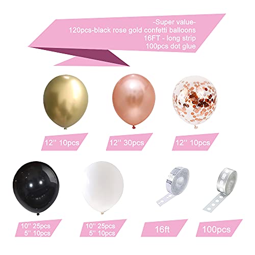 Image of KBZVNAF Rose Gold Black Balloons Garland Kit - 120 Pack Black White Metallic Gold and Rose Gold Confetti Latex Balloons Garland for Wedding Birthday Bridal Shower Anniversary Party Decorations
