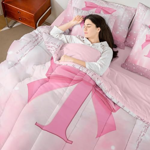 Image of Feelyou Kids Pink Bowknot Comforter Set with Sheets Queen Size, Personalized Initial I Bed in A Bag Princess Glitter 7 Pieces Bedding Set Boys Girls Bow Alphabet Teens Bed Set Bedroom Decor 7Pcs