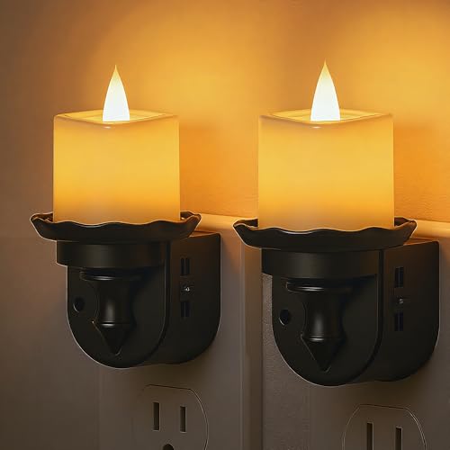 Image of L LOHAS LED Flameless Candle Night Light, Flicker Night Lights Plug in | 2 Pack, Amber Candle Nightlight with Light Sensor, 0-100LM Dimmable LED Flickering Nightlights for Kids Hallway Bathroom