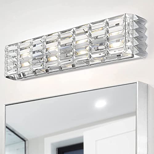 Image of JONATHAN Y 24.25 inch Chrome Modern Crystal Vanity Light, LED Bathroom Wall Sconce, 3-Light Fixture for Mirror, Glam Lighting with Clear Crystal Shade, Art Deco Makeup Wall Lamp (JYL7540A)