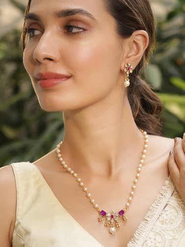 Juego de collar de perlas blancas y colgante de rubí rosa en latón talla S 5