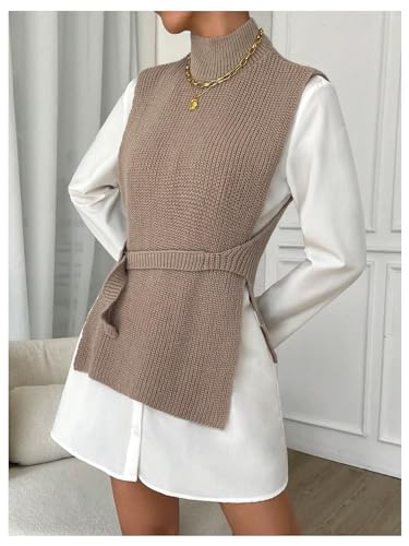 Image of Verdusa Women's Split Belted Sweater Vest High Neck Sleeveless Pullover Top Khaki Small