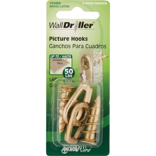 Image of Hillman 122403 Small Self-Drilling White Wall Driller Picture Hangers 50lbs Package of 2, Brass