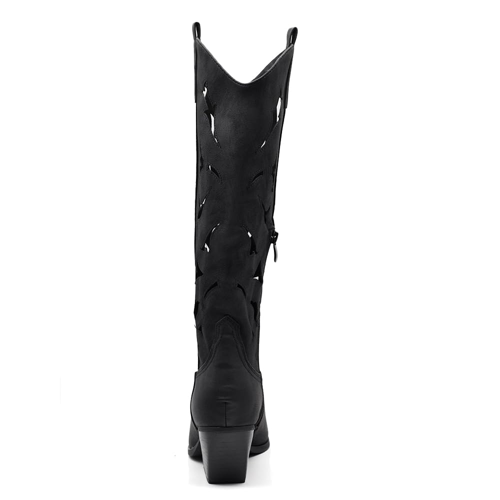 IF Stivali Alti Texani Donna Western in Pelle Sintetica Vegana, Design Traforato, Tacco Medio e Punta Affusolata