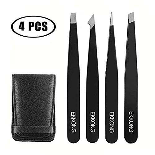 EKKONG Tweezers Set,4 Pieces Precision Eyebrow Stainless Steel Tweezers Kit,Hair Removal Tweezer,Removal of Eyebrow and Facial Hair(Black)