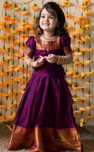 Image of New South Indian Traditional Pattu Pavadai Tapeta Silk Lehenga Choli For Girls Dress Wine 7 Years- 8 Years | (JH-2)