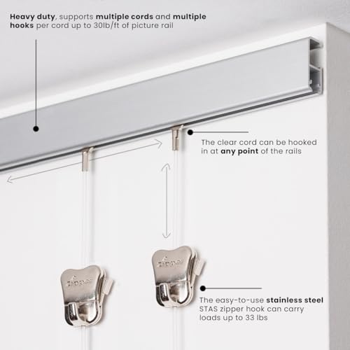 STAS Cliprail Pro Picture Hanging System Set - Covers 19.69 ft of Wall Space - Heavy Duty Picture Rail & Art Hanging Gallery Kit Without Nails - Home or Museum (Matte Silver Rails, 8 Hooks & Cords)