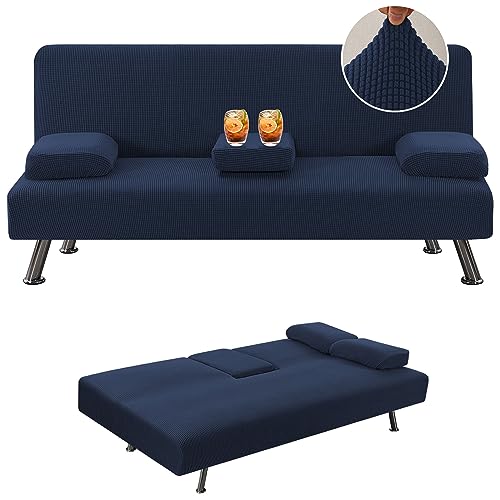 ele ELEOPTION Stretch Futon Covers Sofa Bed Slipcover Full Size with Removable Armrests and Cupholders Covers Furniture Protector Checks Jacquard Fabric Navy Blue